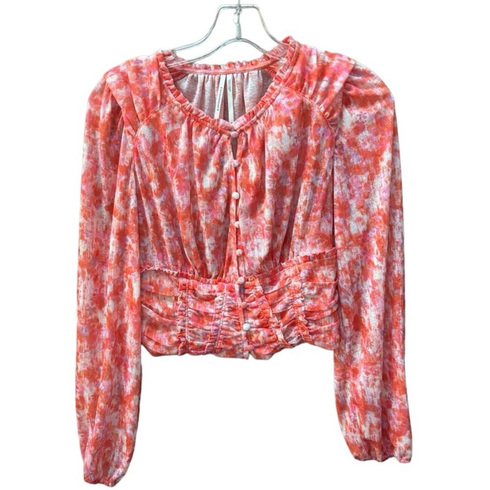 By Anthropologie Femme Ruched Cropped Long Sleeve Blouse Orange Floral Small